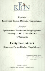 Certyfikat jakości Krajowego Forum Oświaty Niepublicznej